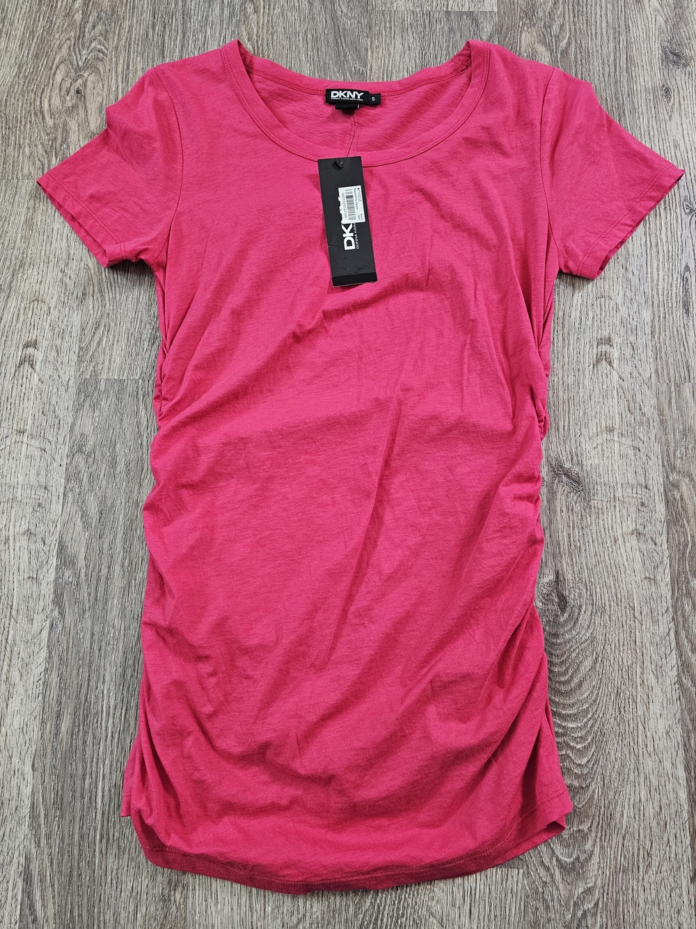 NWT DKNY Bright Pink Ruched Short Sleeve Crew Neck Mini Dress Size S